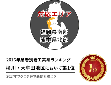2016年業者別着工実績ランキング 柳川・大牟田地区において第1位